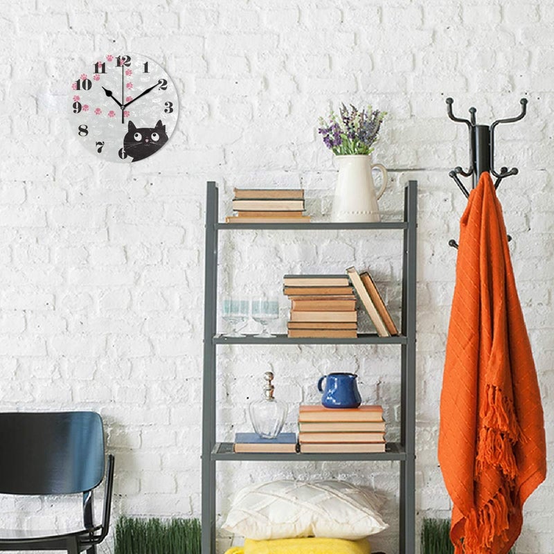senya Wall Clock Silent Non Ticking, Round Cat and Paw Print Art Clock for Home Bedroom Office Easy to Read - Image 4